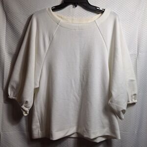 MAEVE Anthropologie Puff Shoulder Ribbed Knit Top Sz M Ivory Peasant Coquette